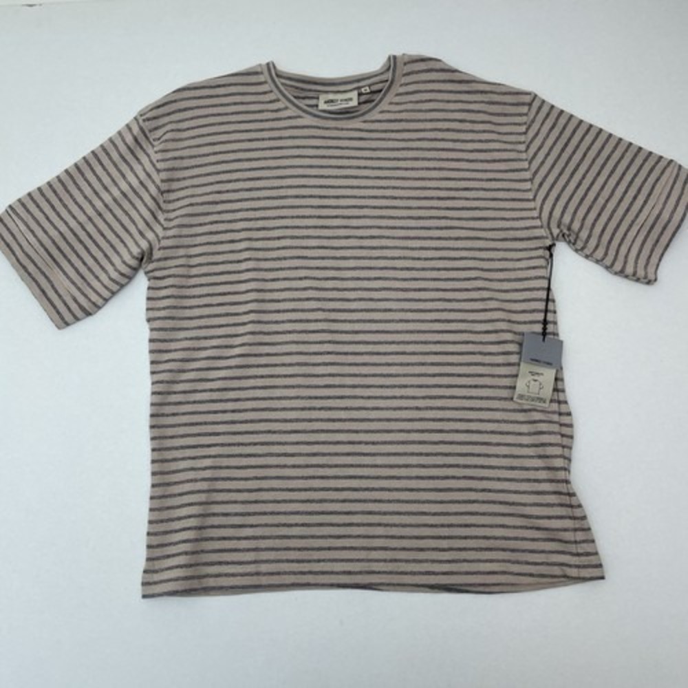 AMONGST OTHERS Men's Beige Navy Striped Knit Cotton T-Shirt Short Sleeve M